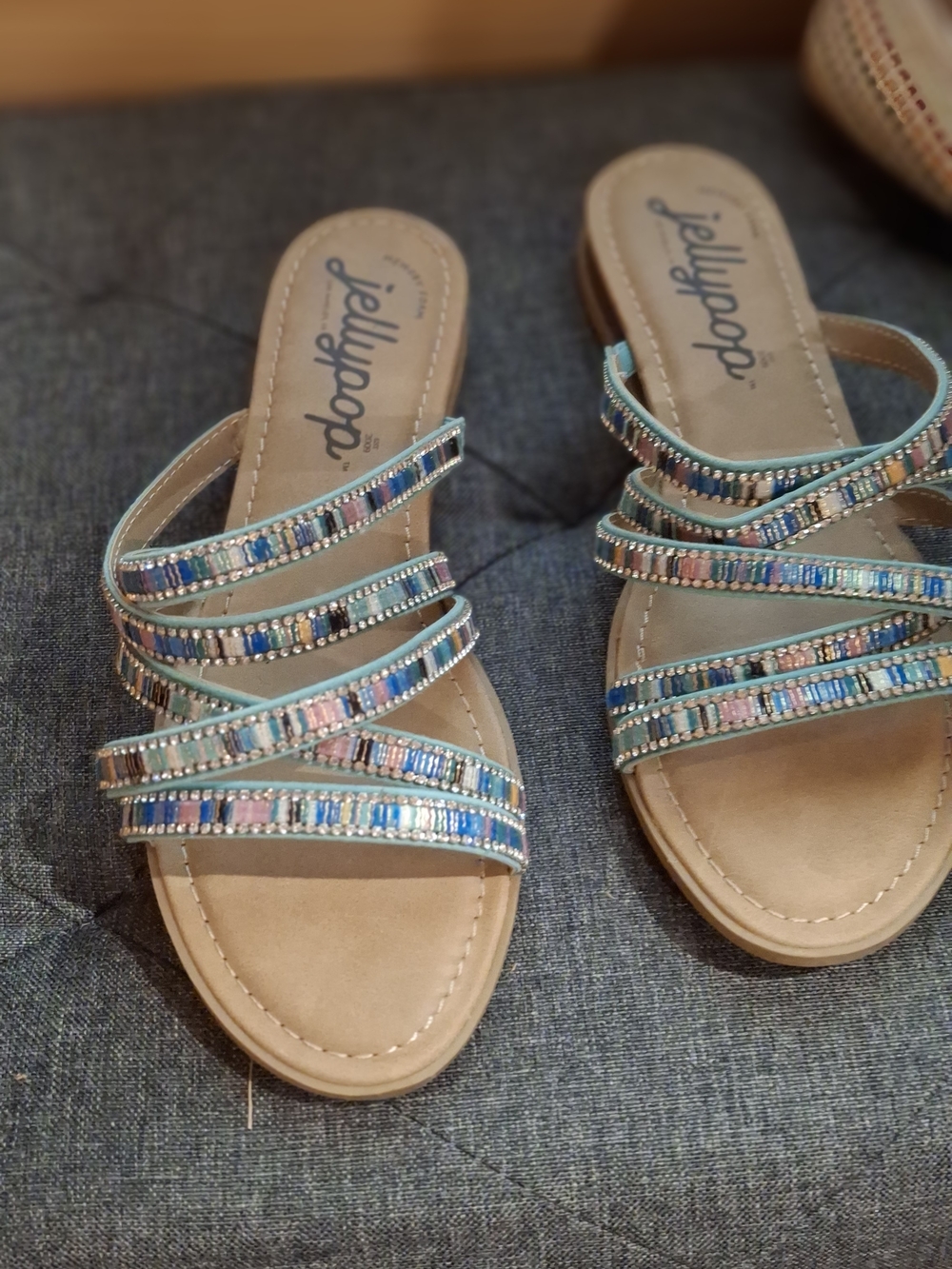 Jellypop Tan Slide Sandals with Multicolor Beaded Straps